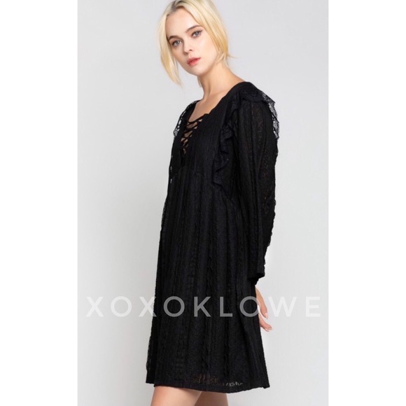 POL Black Stretch Lace Mini Dress Long Sleeves Ruffle Detail - Picture 5 of 10